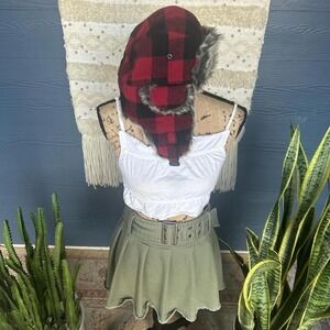 Red and black buffalo check plaid faux fur trapper hat
